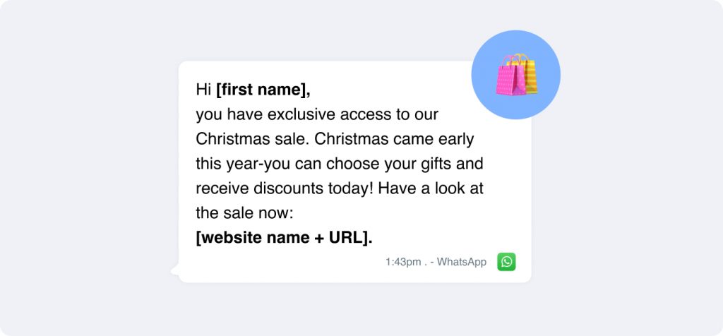 🎁 Discover our exclusive Christmas sale! Enjoy special discounts and unique gift choices. Don't miss out—check your WhatsApp message templates for all the festive deals! 🛍️.