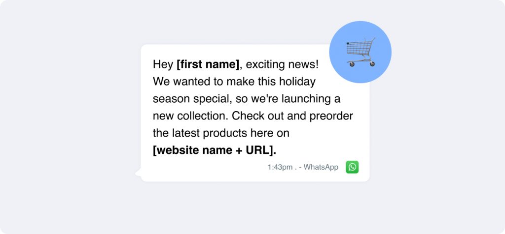 Discover our exclusive Christmas collection! 🎄✨ Visit [website] to explore festive treasures that'll make your holiday season bright. Don't miss out—[Name] brings joy to you via WhatsApp!.