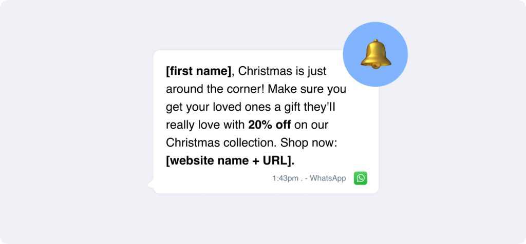A festive WhatsApp message template offers a 20% discount on our Christmas collection, urging gift purchases. Visit our website [URL].