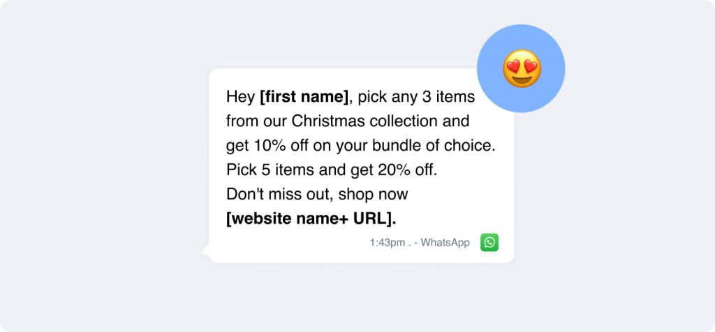 Text message offering festive discounts on Christmas items! Use our holiday message templates to select 3 or 5 items for 10% or 20% off. Shop now and don’t miss out! [Shop Link Placeholder].