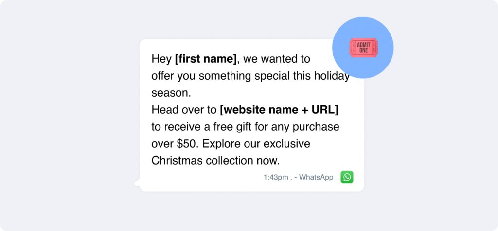Get into the festive spirit with our exclusive Christmas collection! 🎄 Spend over $50 and receive a free gift. Tap the link to explore: [website]. Cheers, [name]! Don't miss out on spreading holiday joy.