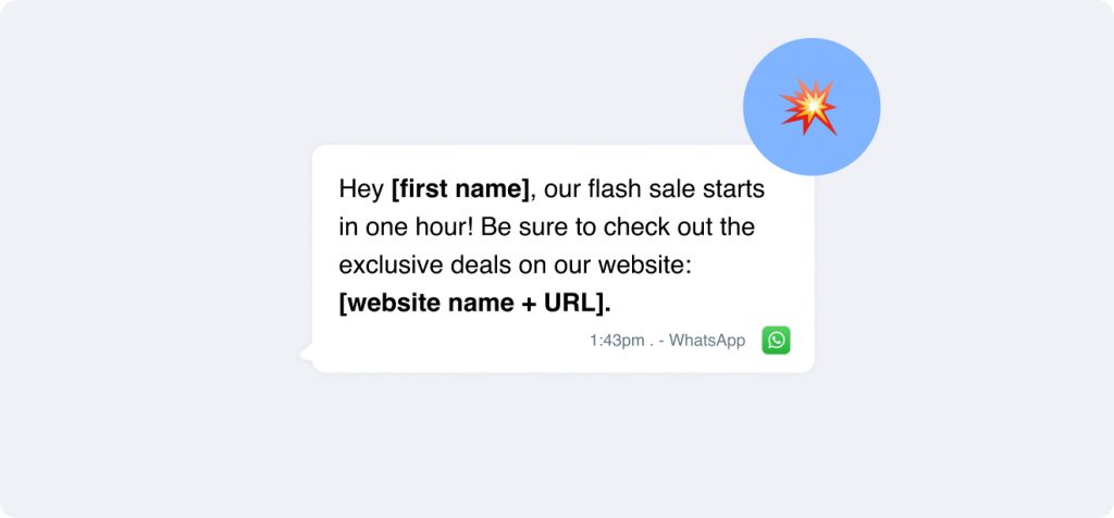 WhatsApp message bubble with a text about a flash sale starting in one hour, crafted with festive flair like Christmas message templates, urging the recipient to visit the website for exclusive deals.