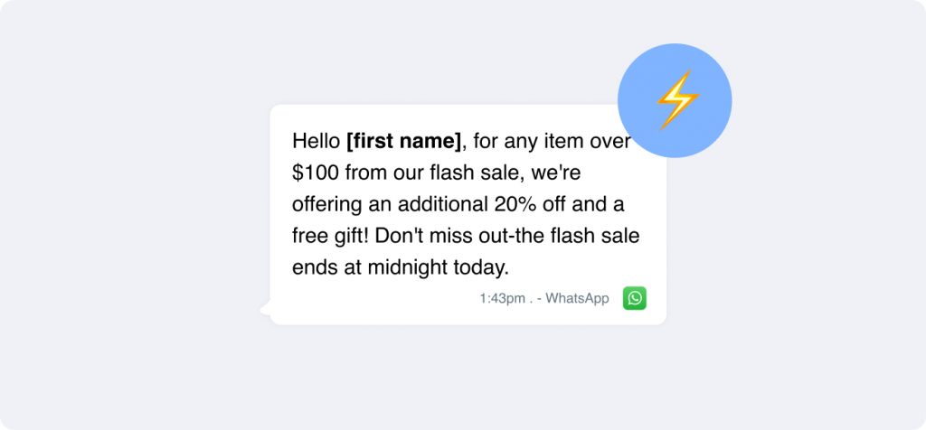 Grab this festive WhatsApp offer: enjoy 20% off and receive a free gift on flash sale items over $100. Don't miss out—this exclusive deal ends at midnight! Ideal for Christmas shopping or using message templates to spread holiday cheer.