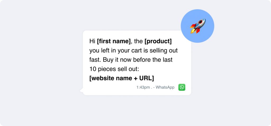 Screenshot of a Christmas-themed WhatsApp message urging the recipient to buy a product left in their cart before it sells out, complete with festive message templates and a link to the website.