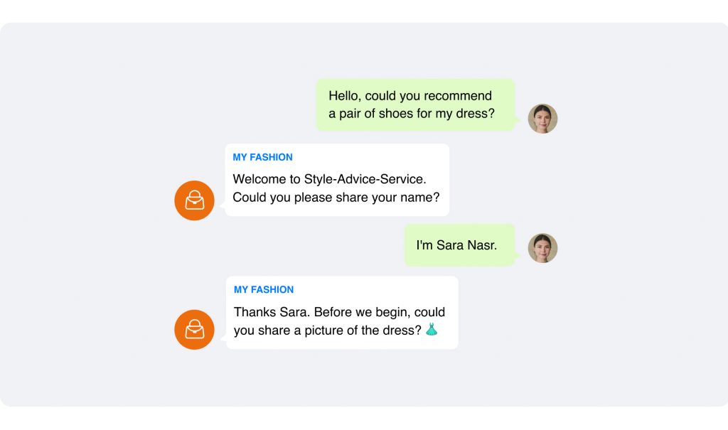 Chat screenshot where a user inquires about shoe recommendations to complement their dress. The service requests the user's name, "Sara Nasr," and asks for a photo of the dress, hinting at exclusive Black Friday messaging for personalized style tips.