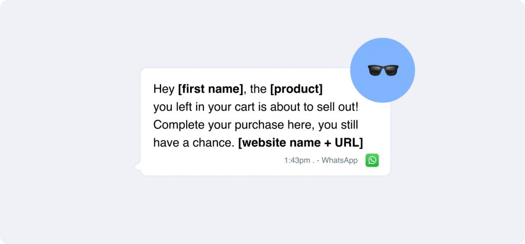 A festive WhatsApp message template nudges users to finalize their purchase for a Christmas gift left in the cart, cautioning that it might sell out soon. Don't miss the chance to surprise [Name] with our limited stock [Product]. Complete your purchase on our website today!.