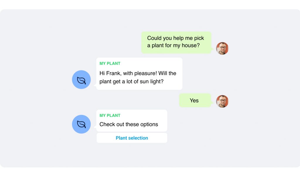 A message exchange about selecting a plant. A person asks for help picking a plant for the house; replies confirm sunlight availability and provide a link for plant selection, with reminders to check out special Black Friday deals on greenery.