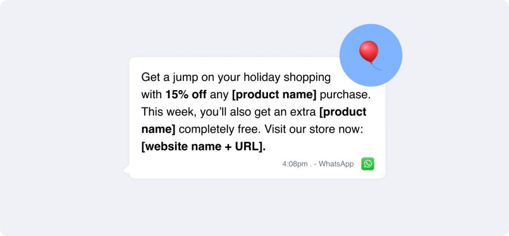 A festive WhatsApp message template offers 15% off your purchase and a free extra product, just in time for Christmas cheer! Don't miss out—follow the website link included.