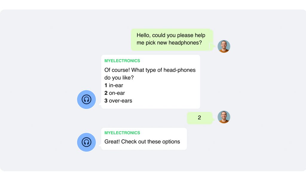 Chat window discussing headphone preferences: user asks for help, service suggests types, and the user chooses "2 on-ear." Amid Black Friday messaging, the service responds with exclusive options to check out.