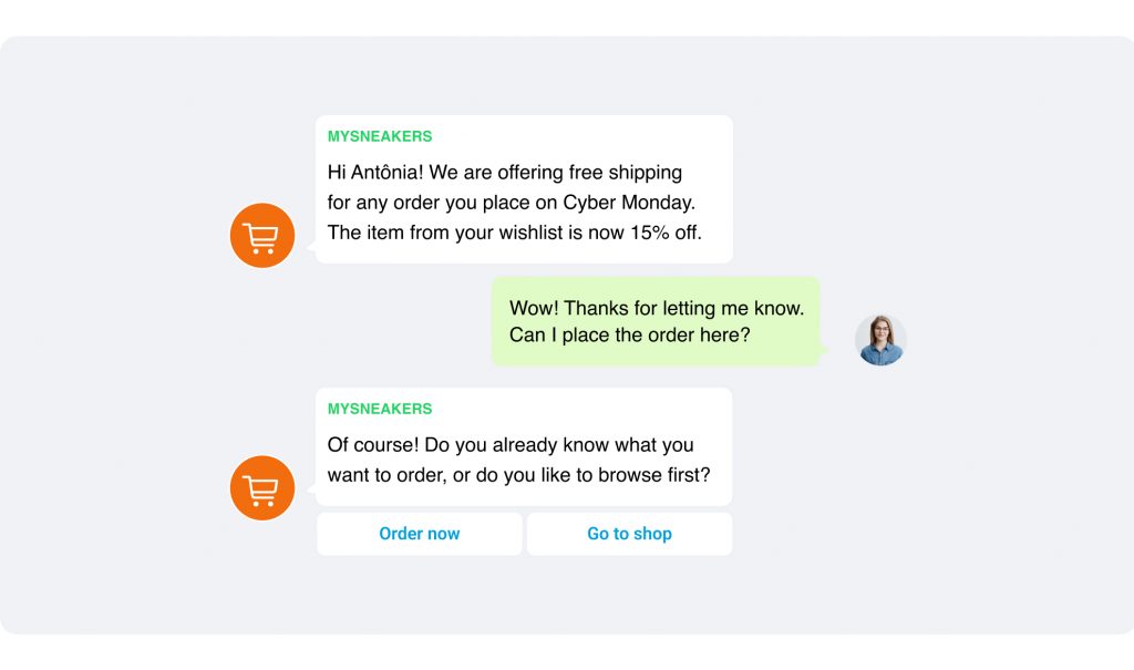 A customer chats with a store rep about Black Friday deals, touching on free shipping and a 15% Cyber Monday discount. Options to "Order now" or "Go to shop" follow this messaging.