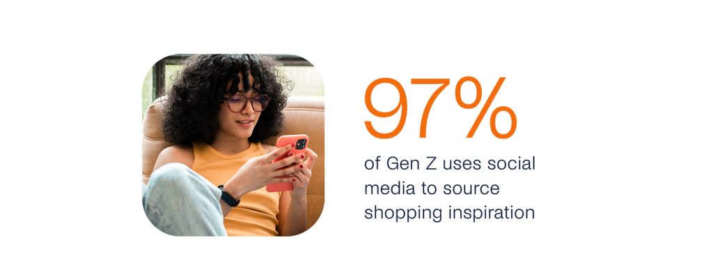A person with curly hair and glasses looks at a phone. Text reads: "97% of Gen Z uses social media for shopping inspiration, revolutionizing conversational commerce.