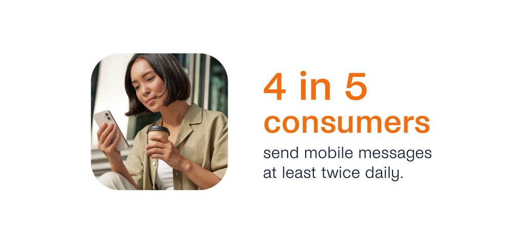 A woman holds her phone and a coffee, surrounded by the buzz of daily life. Text reads: "4 in 5 consumers engage in omnichannel messaging at least twice daily.