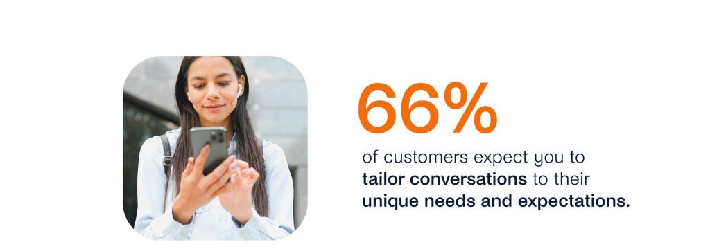 A woman looks at her smartphone. Text reads, "66% of customers expect you to tailor conversations to their unique needs and expectations through omnichannel messaging.