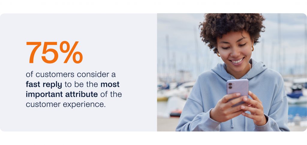 A person smiles while using a smartphone, seamlessly enjoying omnichannel messaging. Text reads, "75% of customers consider a fast reply to be the most important attribute of the customer experience.