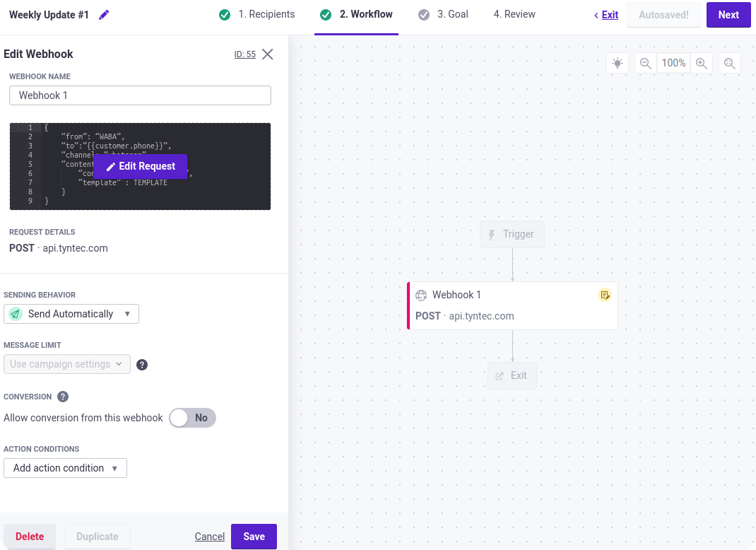 The UI shows workflow with two elements: Triggering condition and webhook request