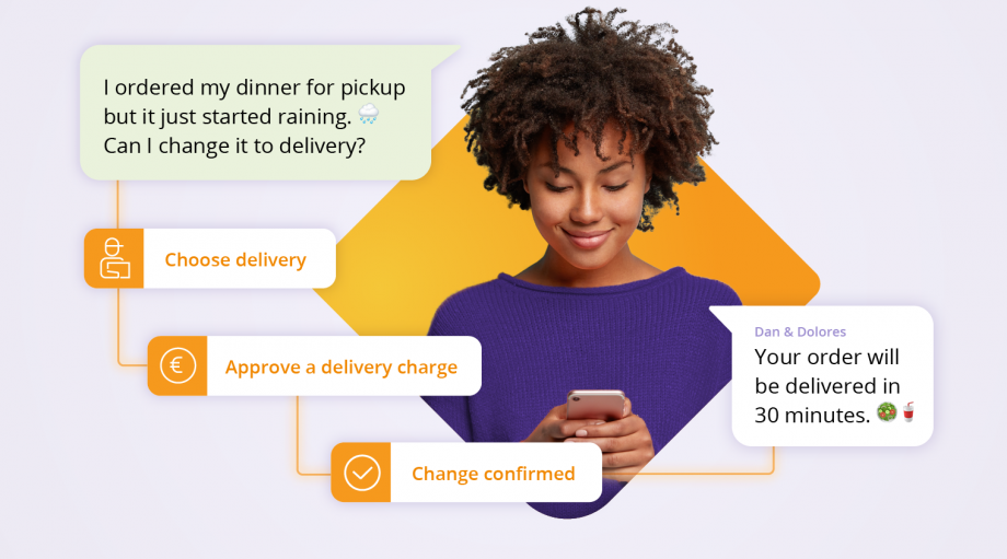 A woman is utilizing a mobile phone to order a delivery, enhancing her connected experience.