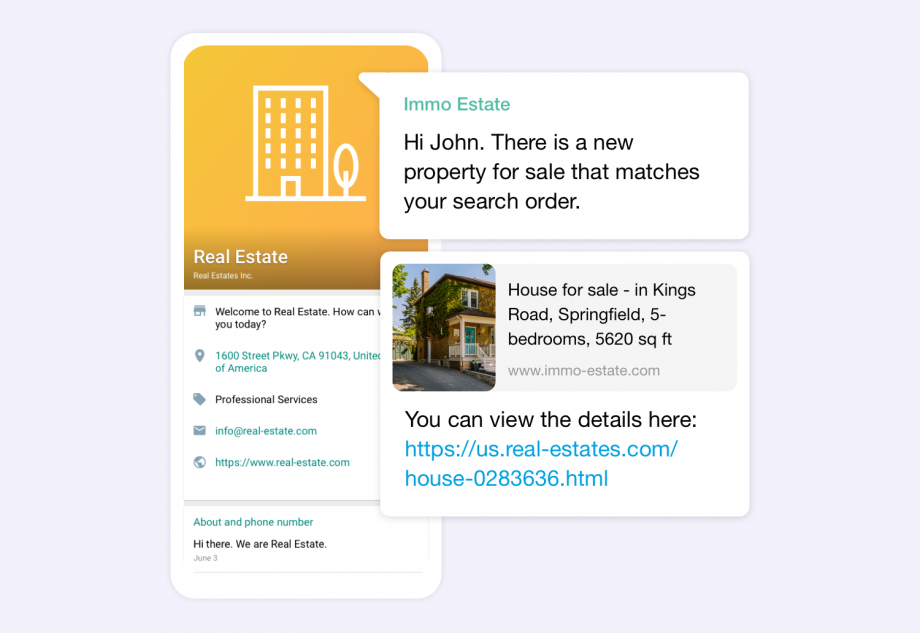 A mobile app showcasing real estate listings while providing a guide on how to send bulk messages on WhatsApp Business.