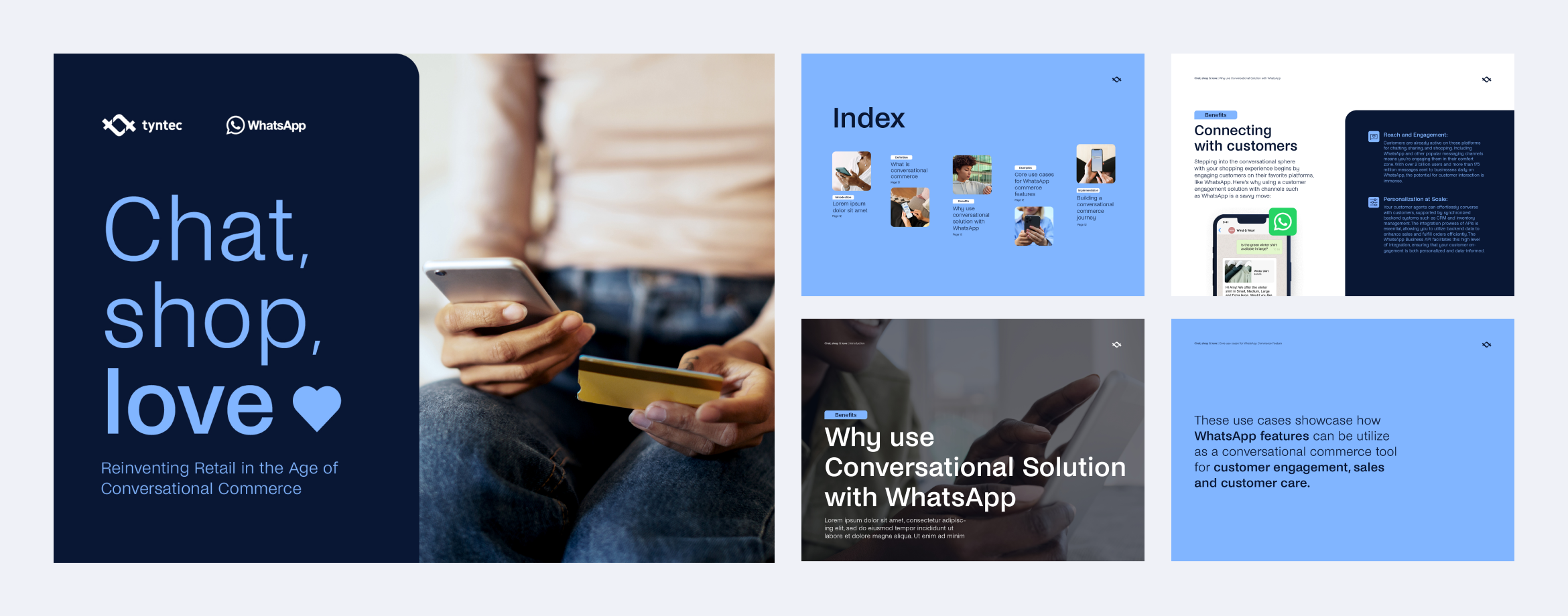 A collage showcasing a variety of promotional screens for WhatsApp Business services, including a person using a smartphone to navigate HUGO BOSS customer interactions.