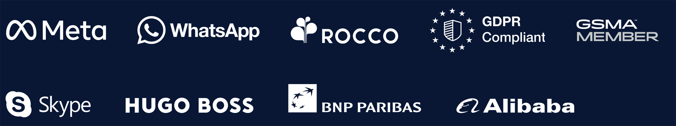 Logos for Meta, WhatsApp, ROCCO, GDPR Compliant, GSMA Member, Skype, Hugo Boss, BNP Paribas, and Alibaba on a dark background.