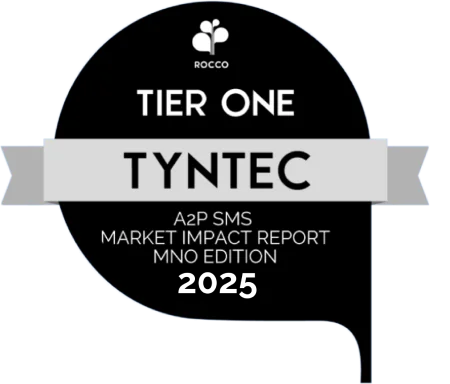 A black badge with "ROCCO TIER ONE TYNTEC A2P SMS Market Impact Report MNO Edition 2025" in white text, highlighting insights on A2P monetization and trends shaping the future of A2P SMS.