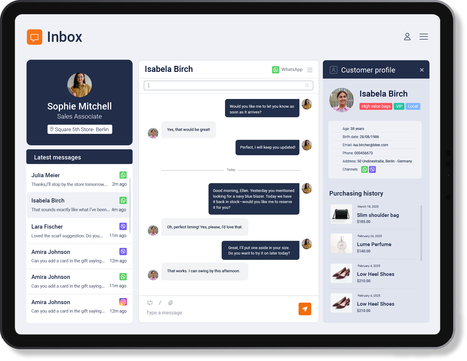 A tablet screen displays an Inbox Retail messaging dashboard with user profiles, message history, customer information, and purchasing history for a sales associate named Sophie Mitchell.